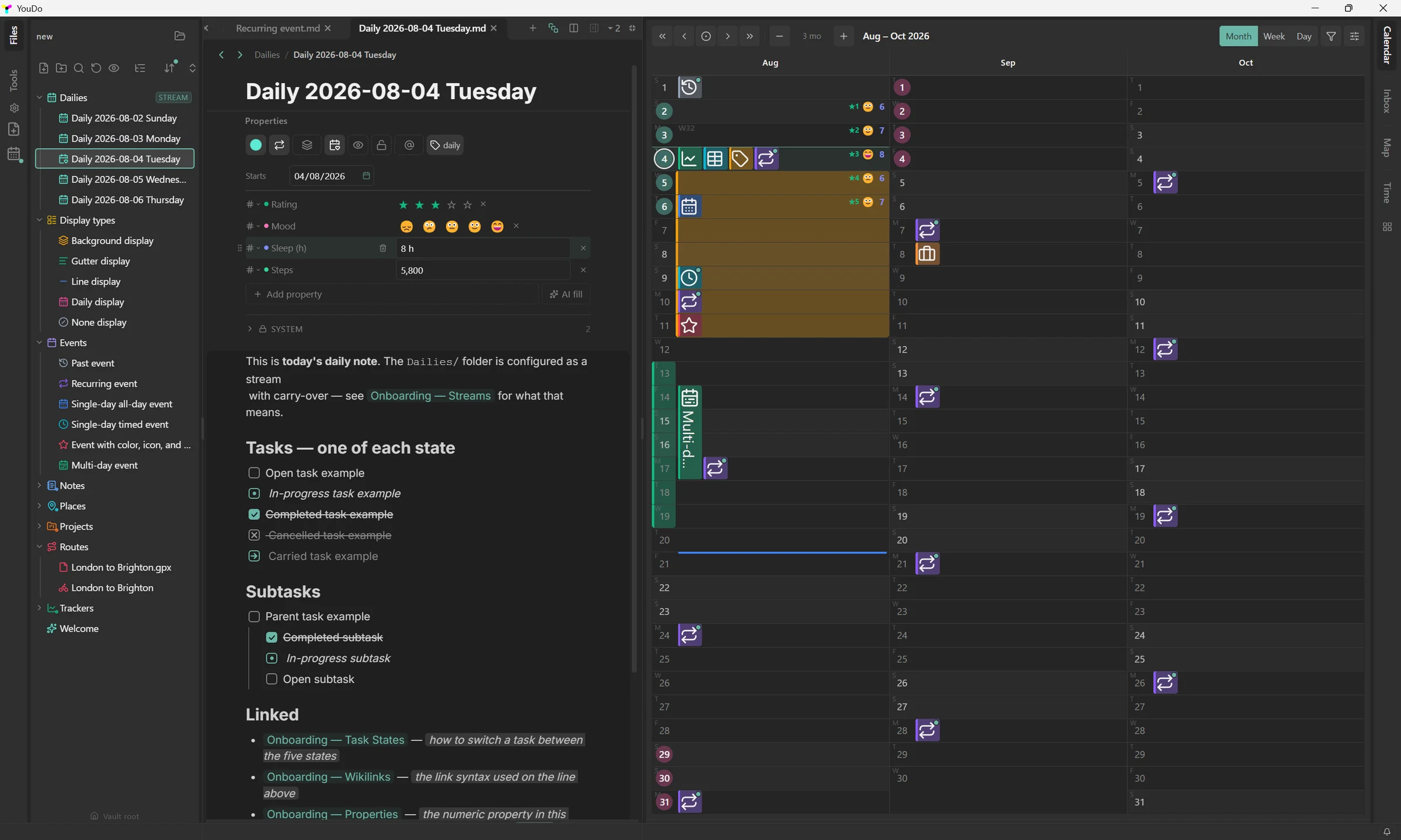 YouDo showing today's daily note — rating, mood, sleep and steps as typed properties above tasks and wikilinks — beside a three-month calendar where those same values appear as chips on each day