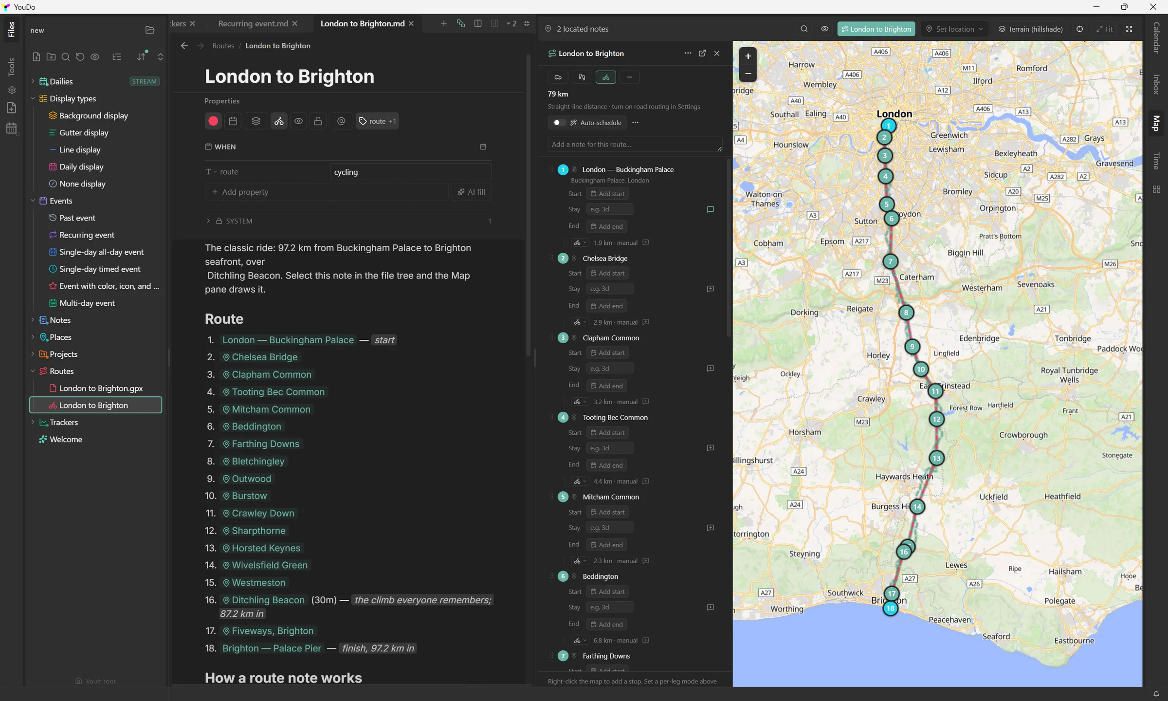 YouDo planning the London to Brighton ride: the route note listing eighteen numbered stops, the planning panel with per-stop stays and travel modes, and the drawn route on the map
